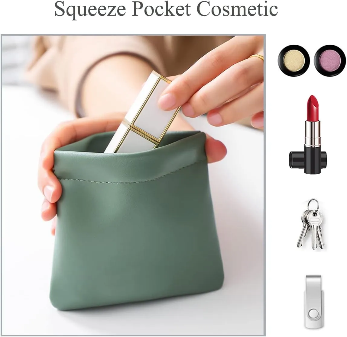3Pcs Pocket/ Squeeze Cosmetic Bag, Waterproof Leather No Zipper Self-Closing Portable Travel Makeup Pouch (A)