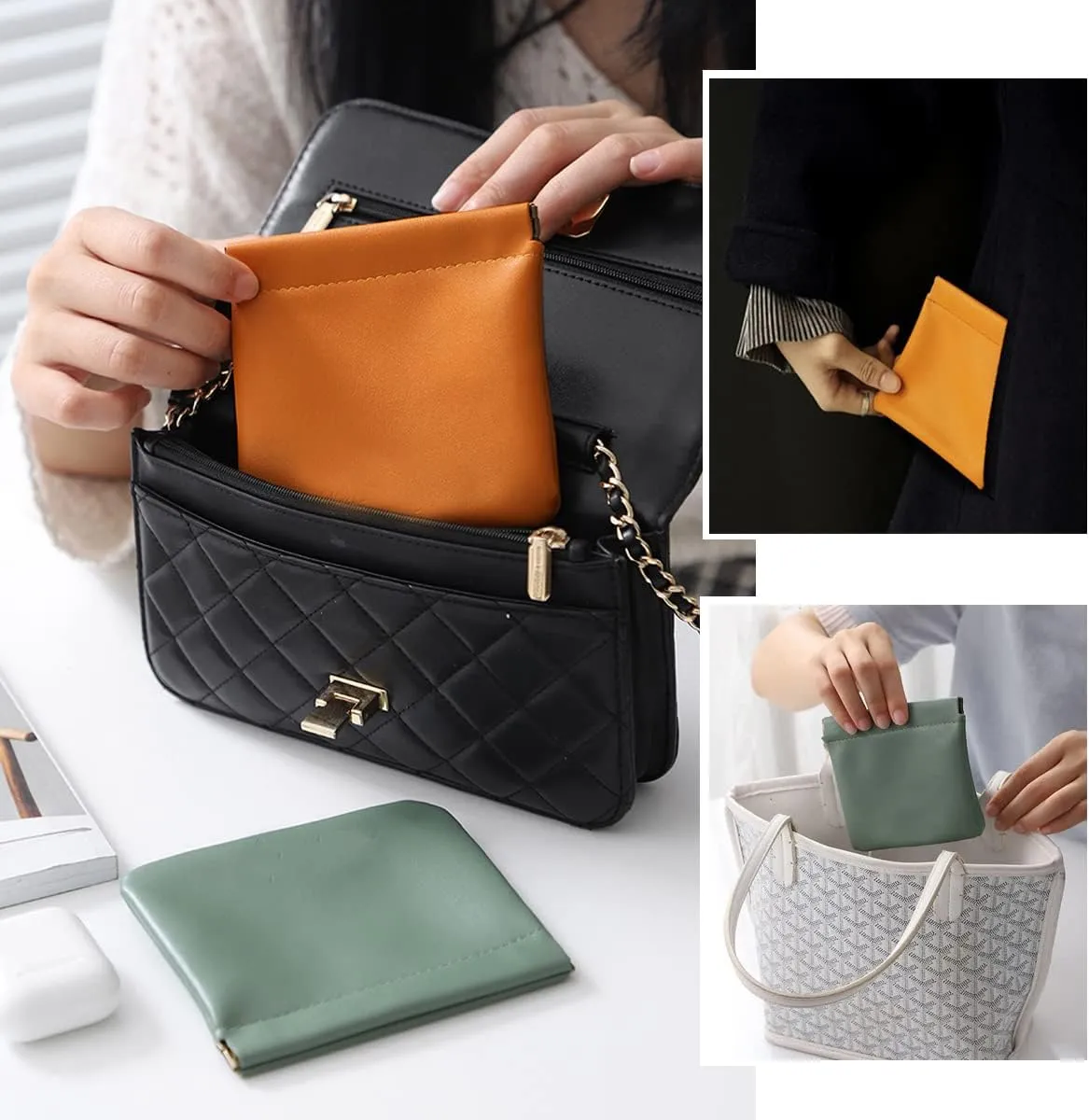 3Pcs Pocket/ Squeeze Cosmetic Bag, Waterproof Leather No Zipper Self-Closing Portable Travel Makeup Pouch (A)
