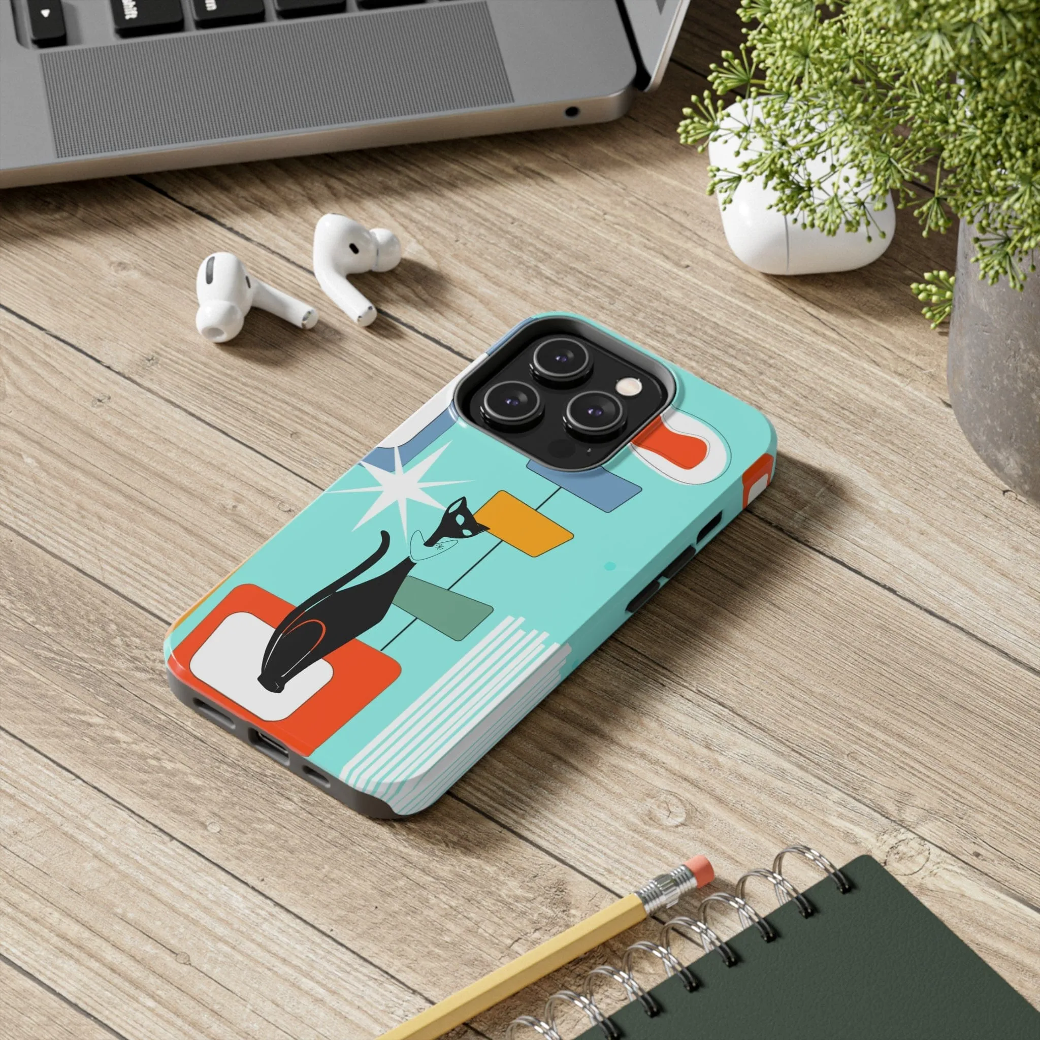 Atomic Cat, Mid Mod, Aqua Blue, Geometric Retro Smart Phone Tough Phone Cases
