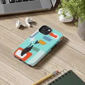 Atomic Cat, Mid Mod, Aqua Blue, Geometric Retro Smart Phone Tough Phone Cases
