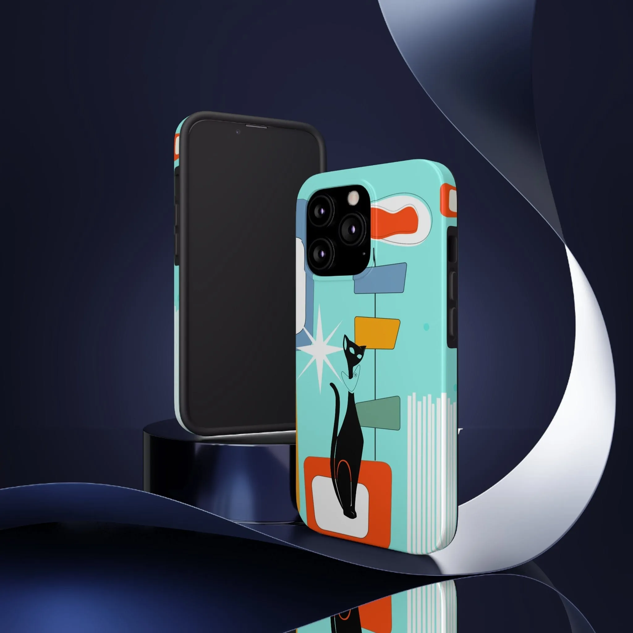 Atomic Cat, Mid Mod, Aqua Blue, Geometric Retro Smart Phone Tough Phone Cases