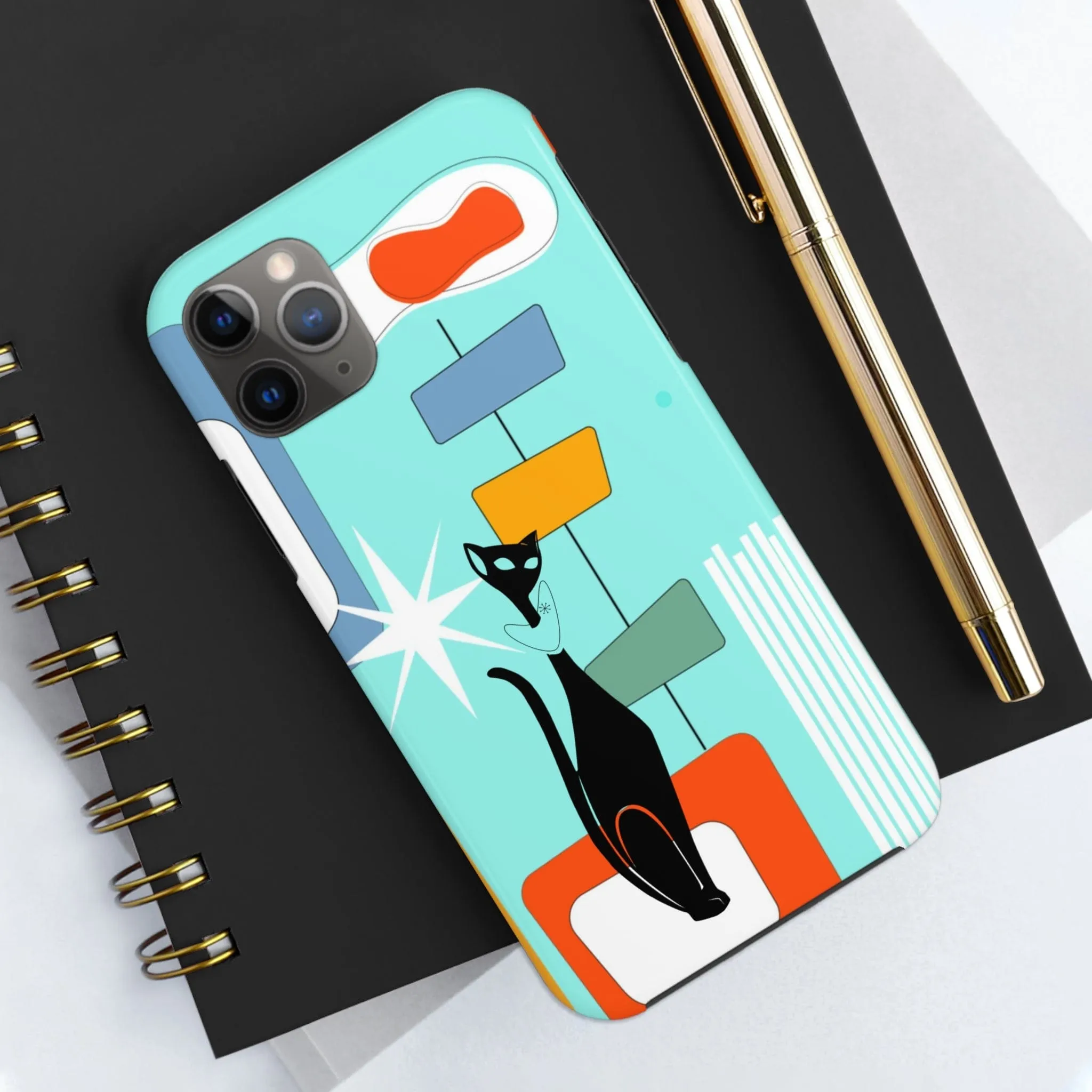 Atomic Cat, Mid Mod, Aqua Blue, Geometric Retro Smart Phone Tough Phone Cases