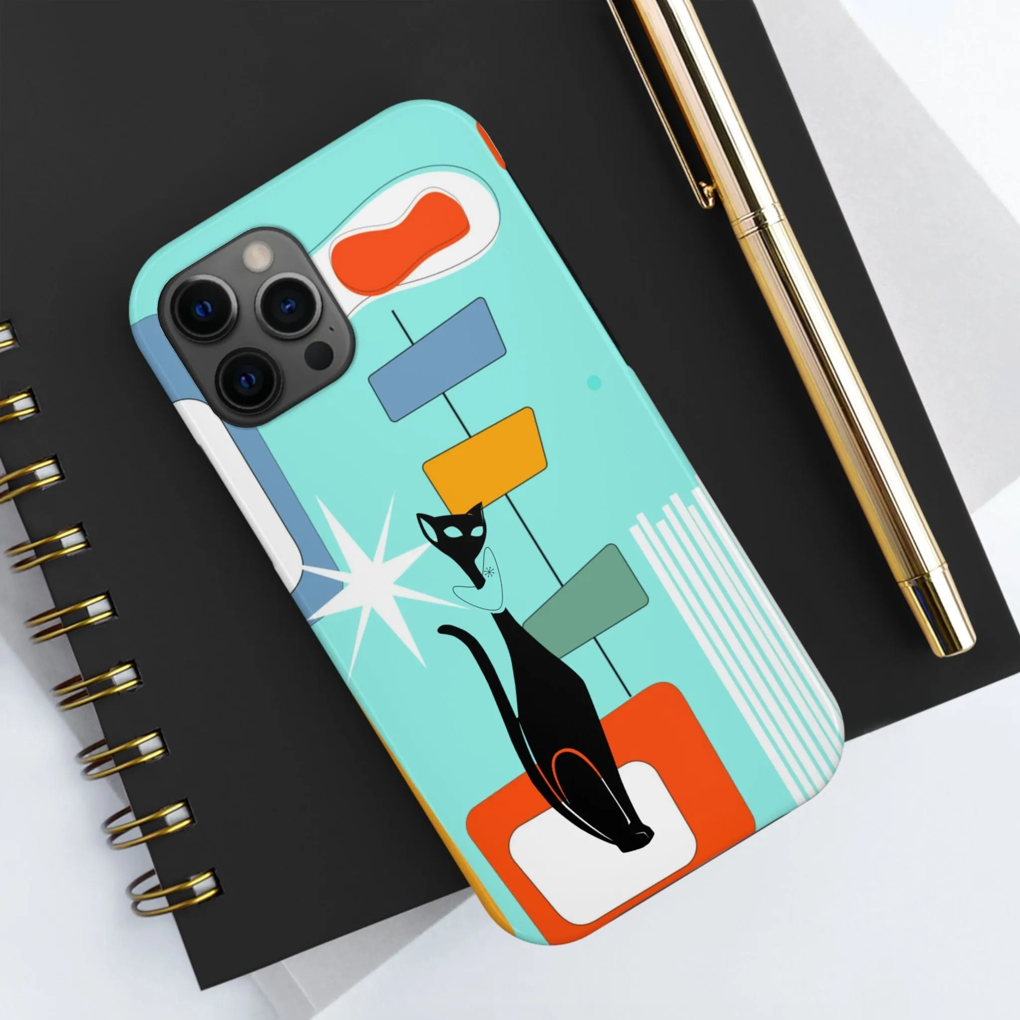 Atomic Cat, Mid Mod, Aqua Blue, Geometric Retro Smart Phone Tough Phone Cases