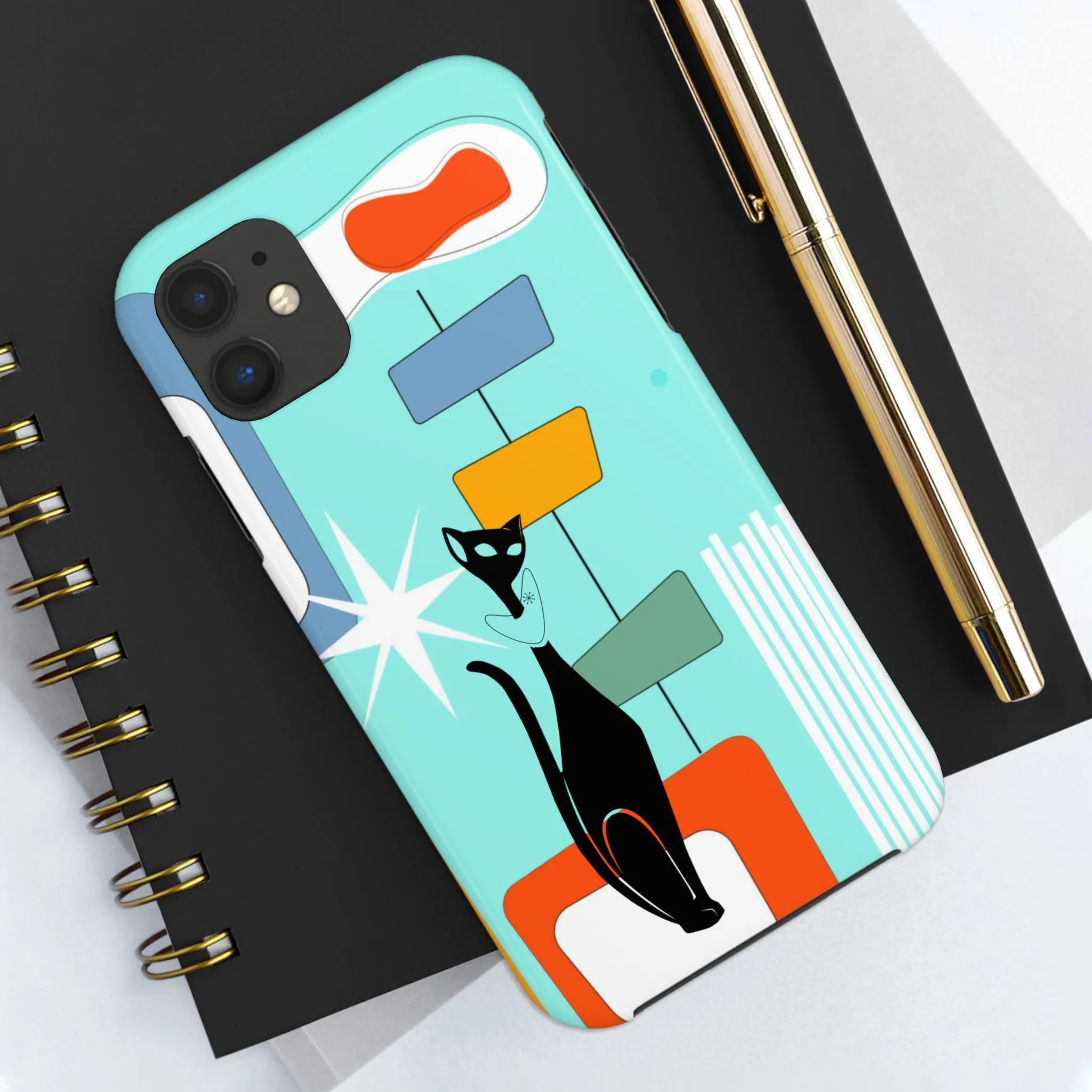 Atomic Cat, Mid Mod, Aqua Blue, Geometric Retro Smart Phone Tough Phone Cases