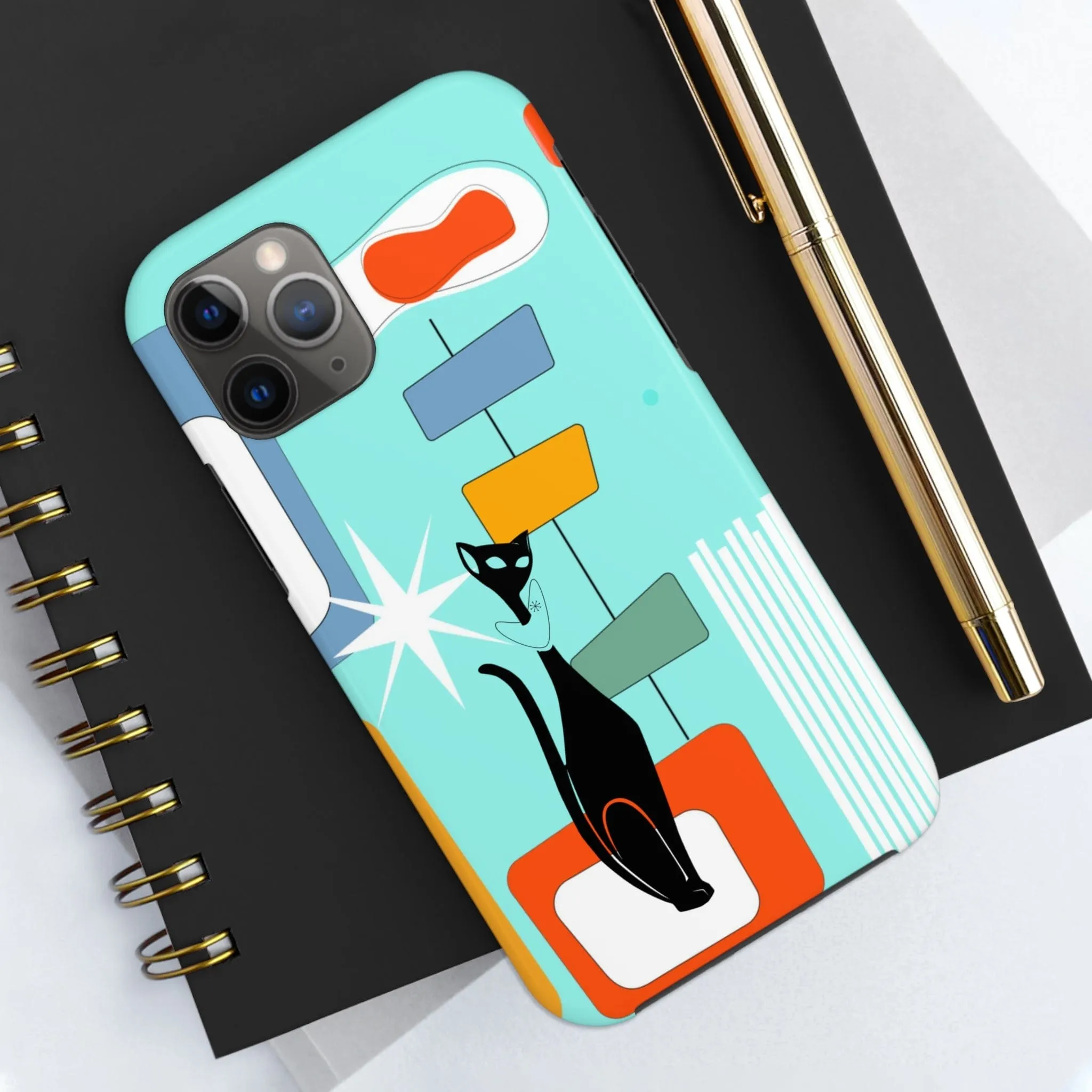 Atomic Cat, Mid Mod, Aqua Blue, Geometric Retro Smart Phone Tough Phone Cases