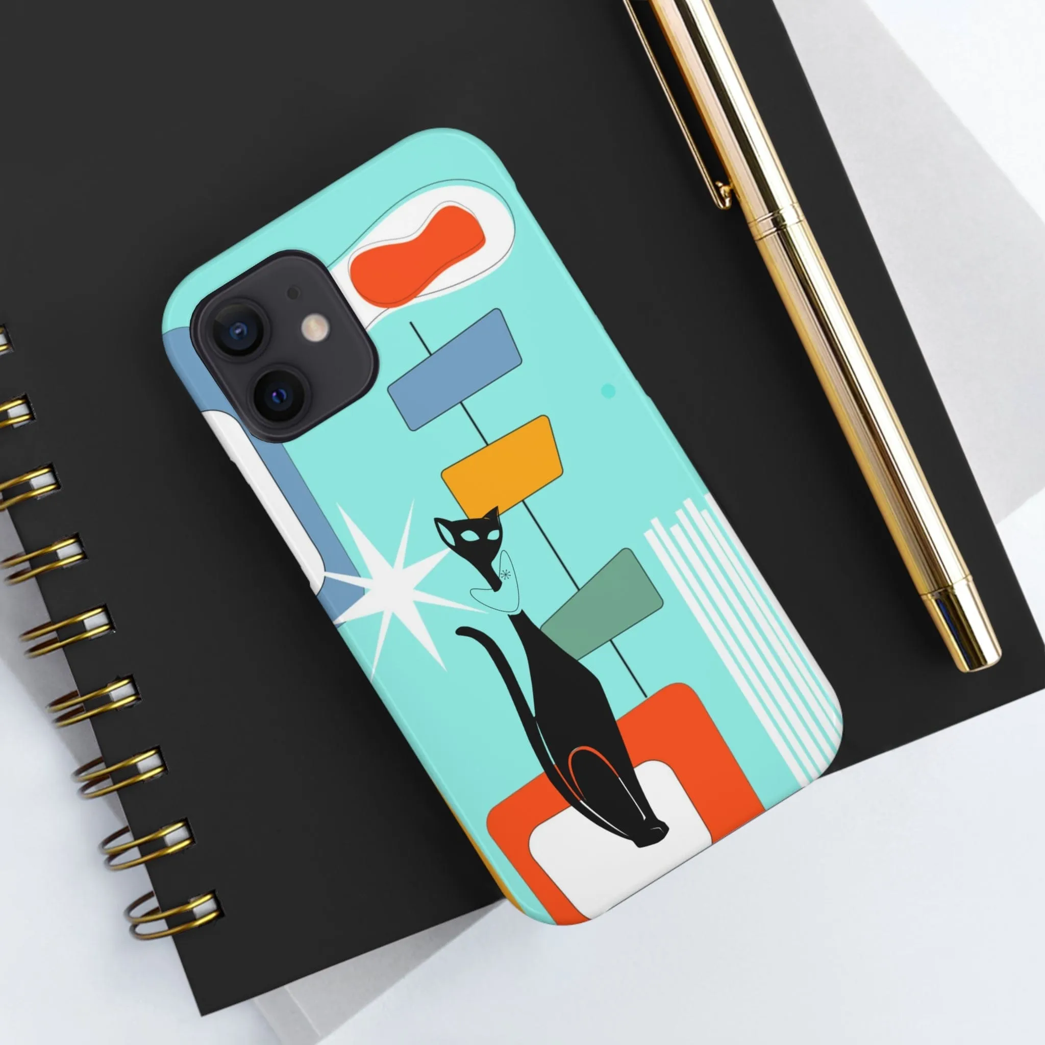 Atomic Cat, Mid Mod, Aqua Blue, Geometric Retro Smart Phone Tough Phone Cases