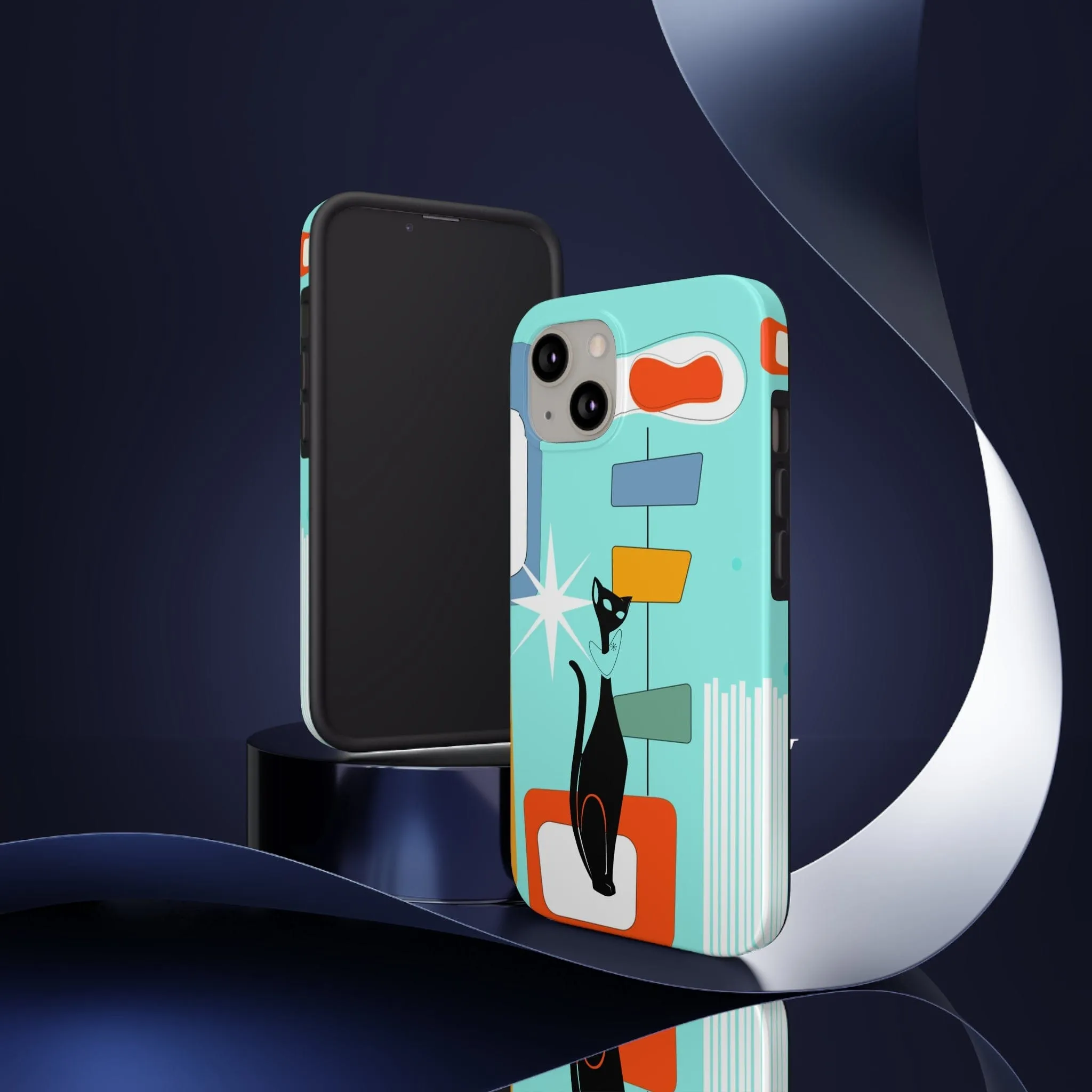 Atomic Cat, Mid Mod, Aqua Blue, Geometric Retro Smart Phone Tough Phone Cases