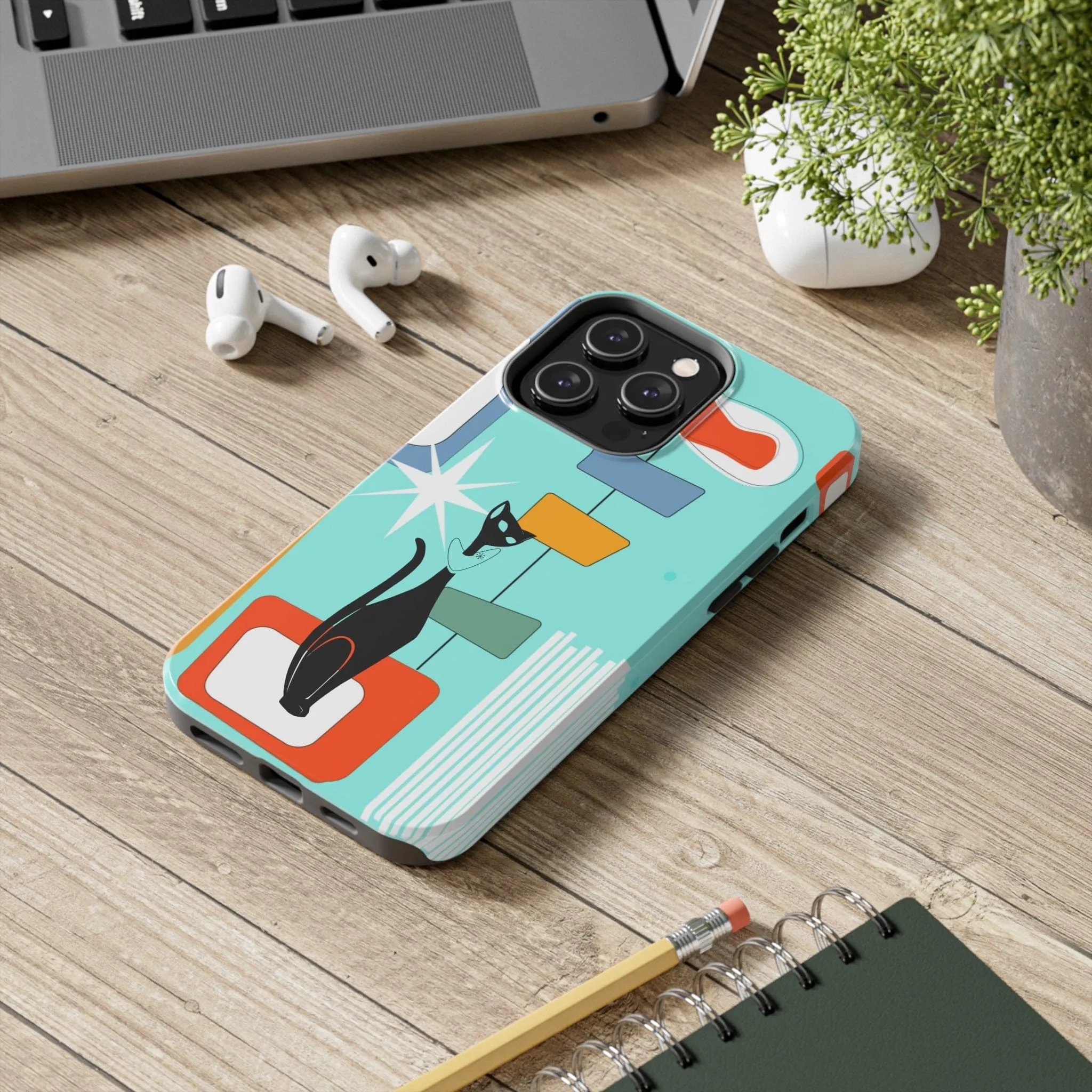 Atomic Cat, Mid Mod, Aqua Blue, Geometric Retro Smart Phone Tough Phone Cases