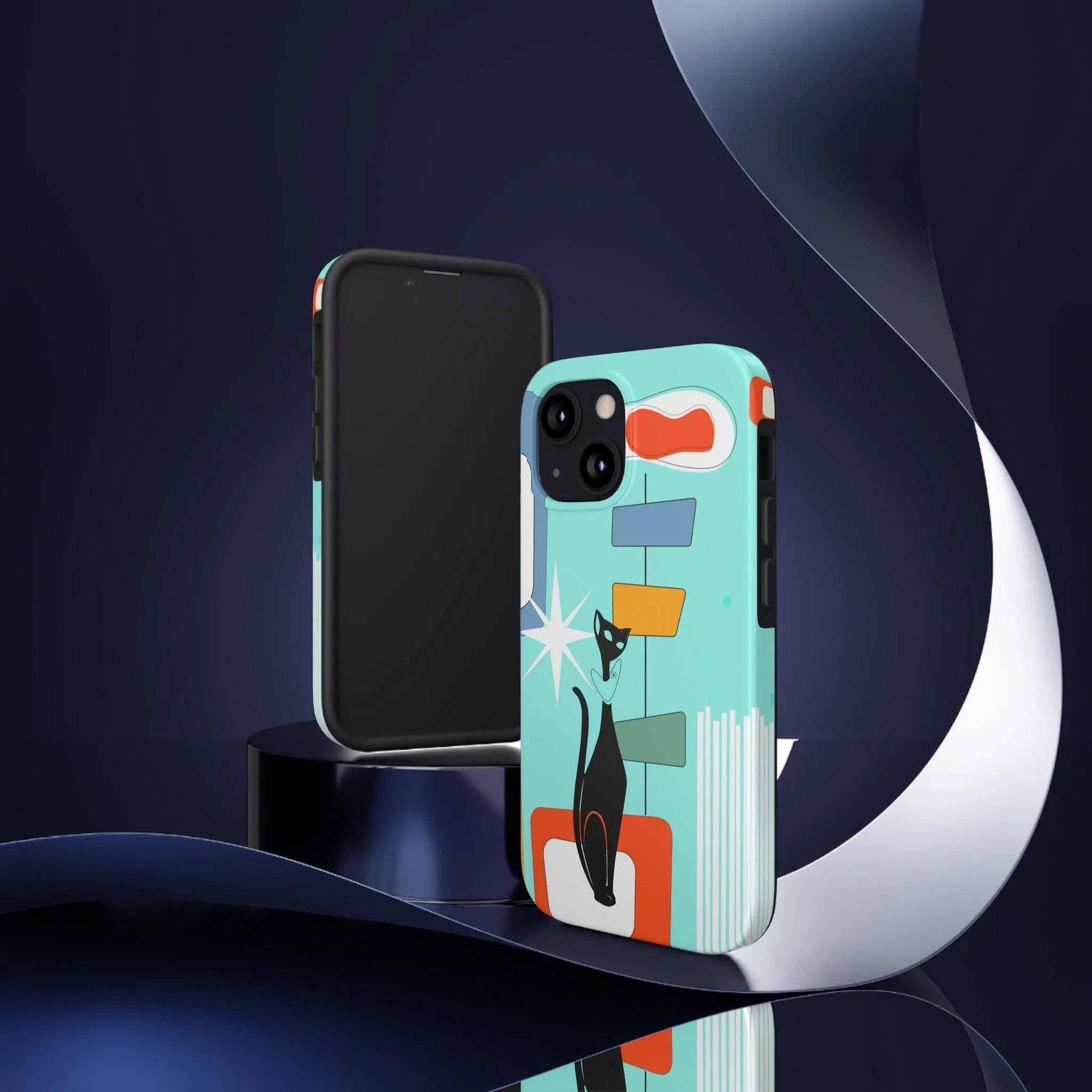 Atomic Cat, Mid Mod, Aqua Blue, Geometric Retro Smart Phone Tough Phone Cases