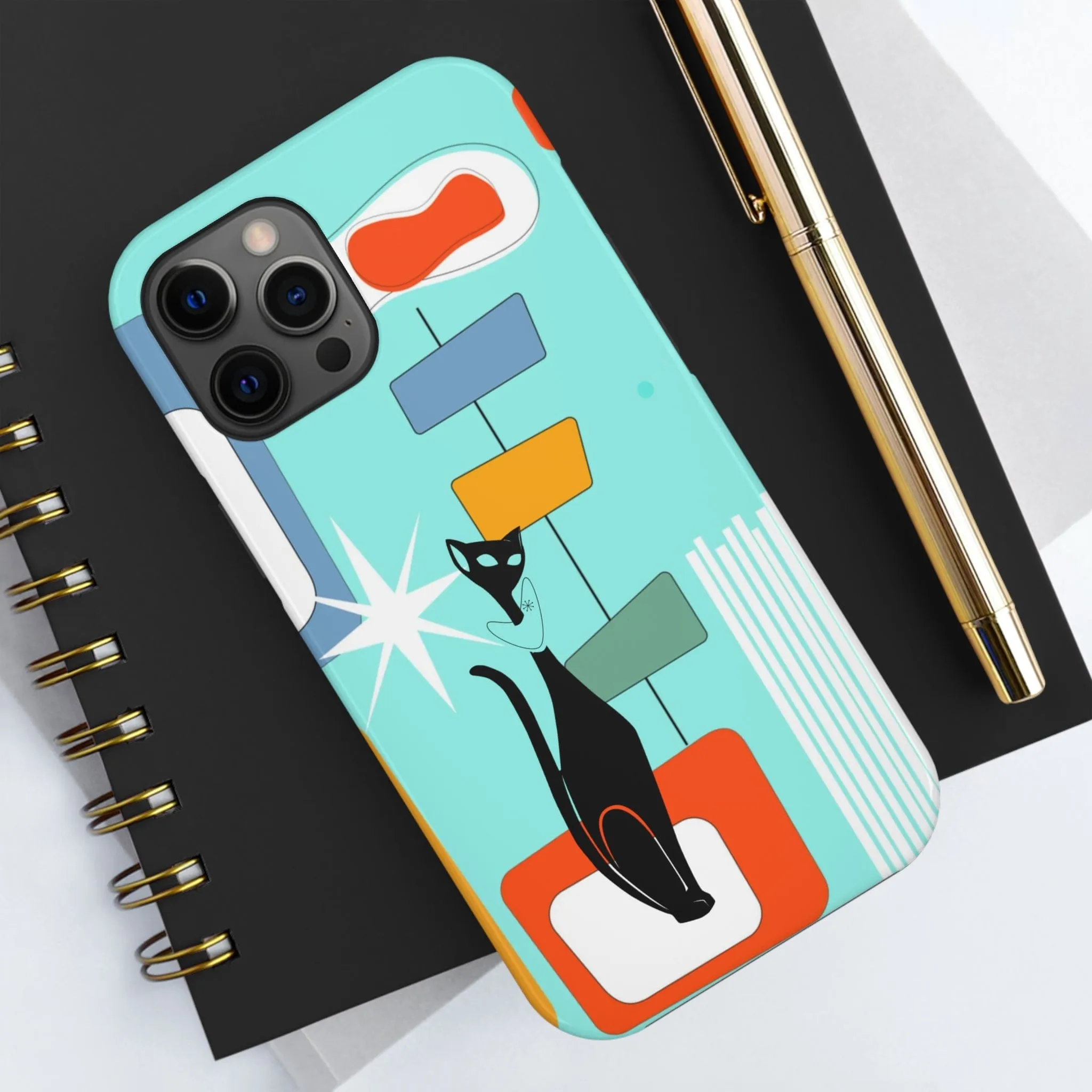 Atomic Cat, Mid Mod, Aqua Blue, Geometric Retro Smart Phone Tough Phone Cases