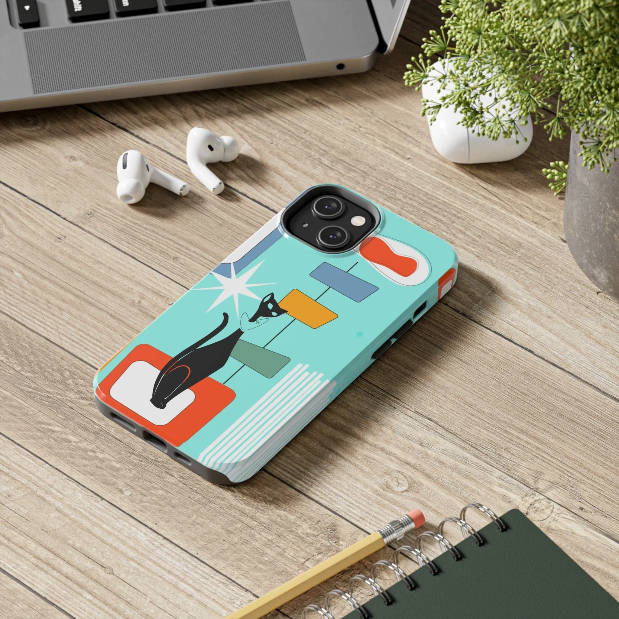 Atomic Cat, Mid Mod, Aqua Blue, Geometric Retro Smart Phone Tough Phone Cases
