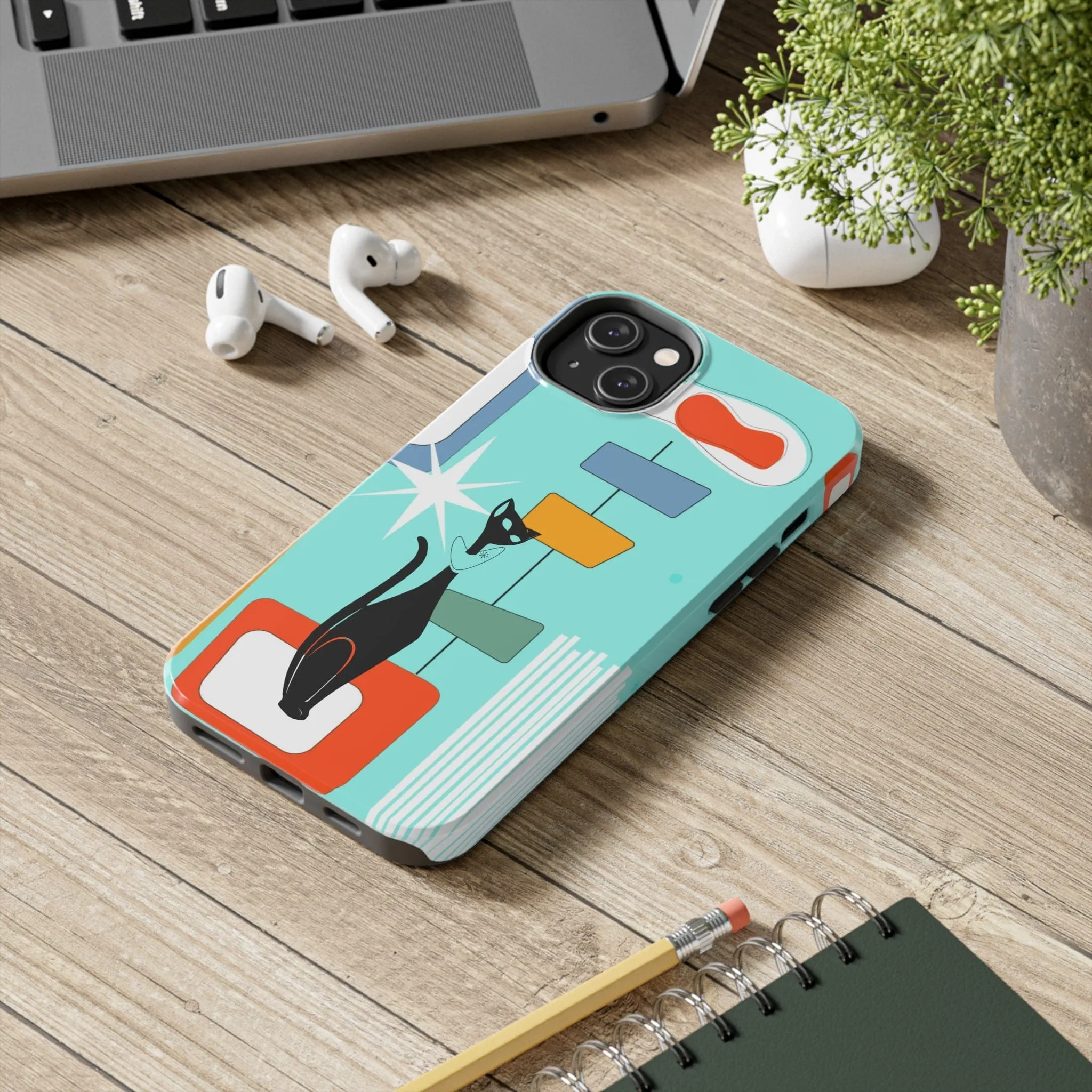 Atomic Cat, Mid Mod, Aqua Blue, Geometric Retro Smart Phone Tough Phone Cases