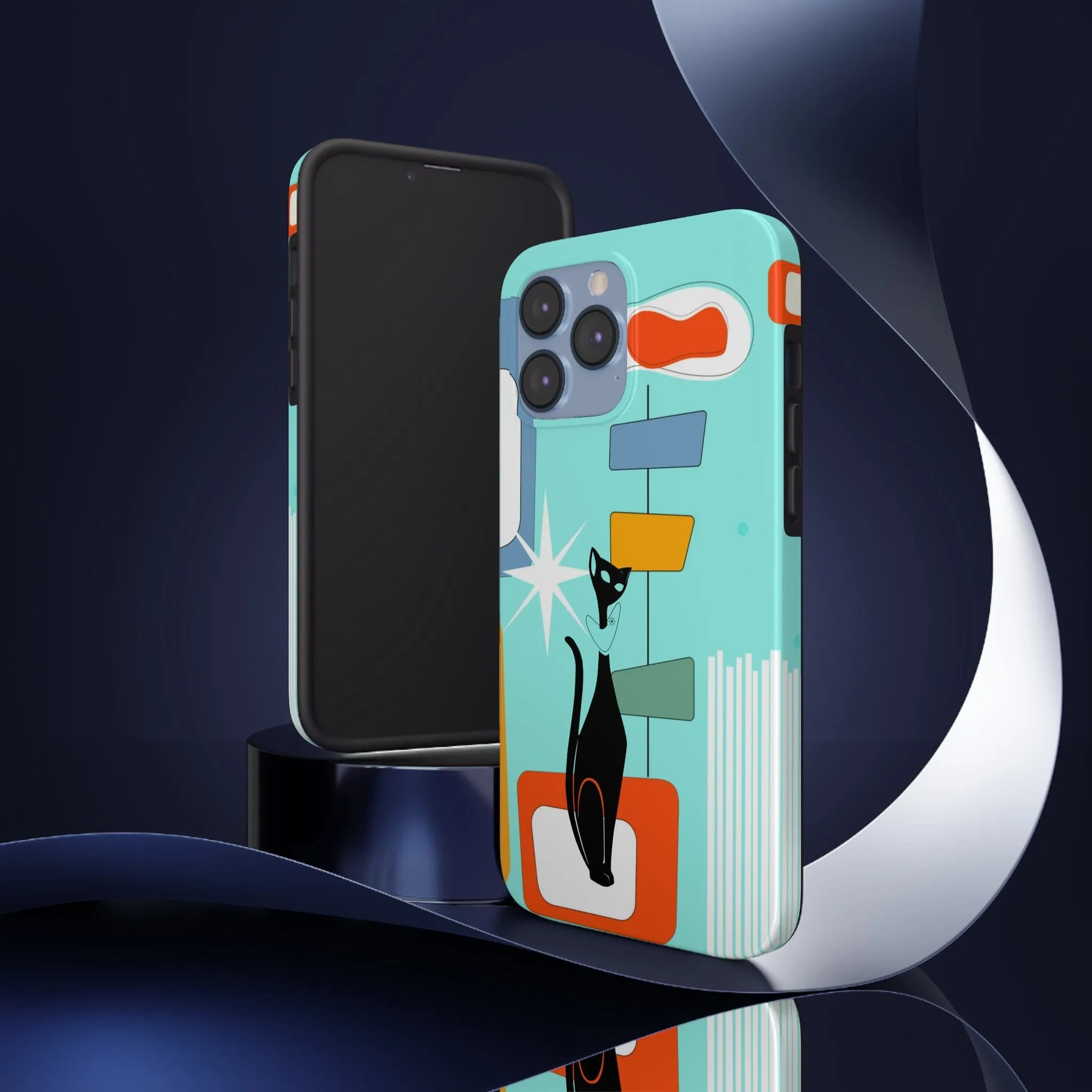 Atomic Cat, Mid Mod, Aqua Blue, Geometric Retro Smart Phone Tough Phone Cases