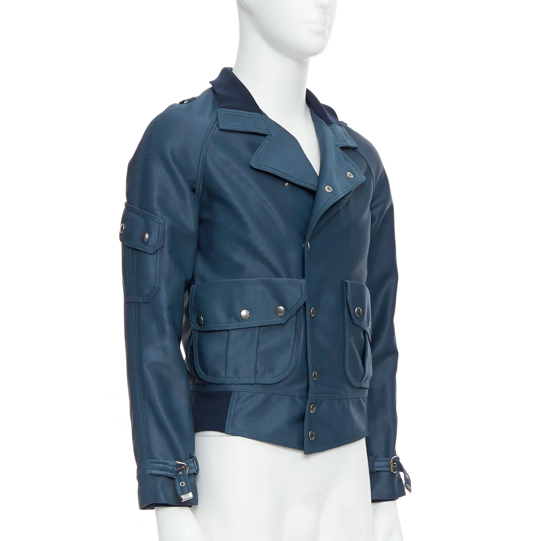 BALENCIAGA 2003 blue silver snap buttons cropped moto biker jacket FR46 S