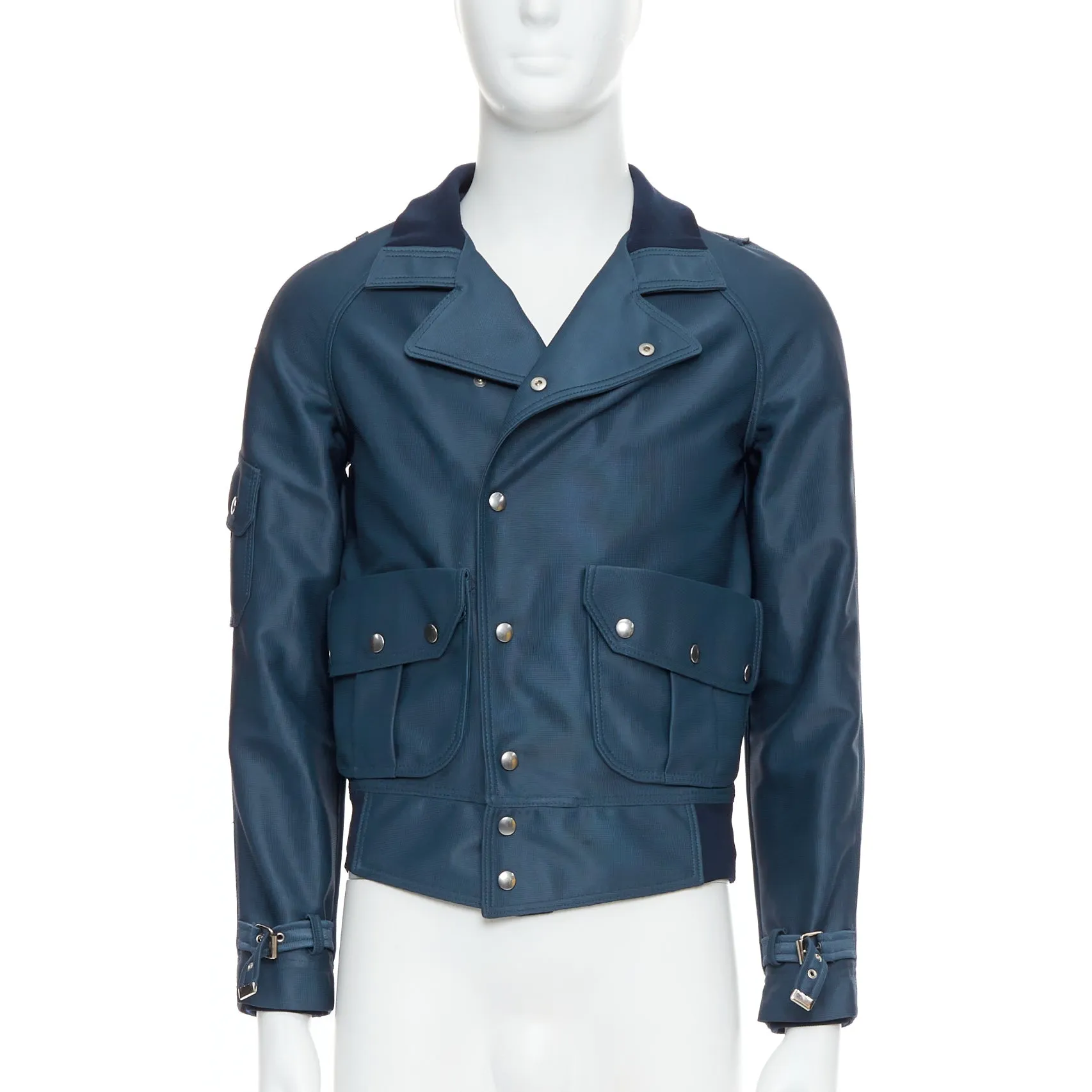 BALENCIAGA 2003 blue silver snap buttons cropped moto biker jacket FR46 S