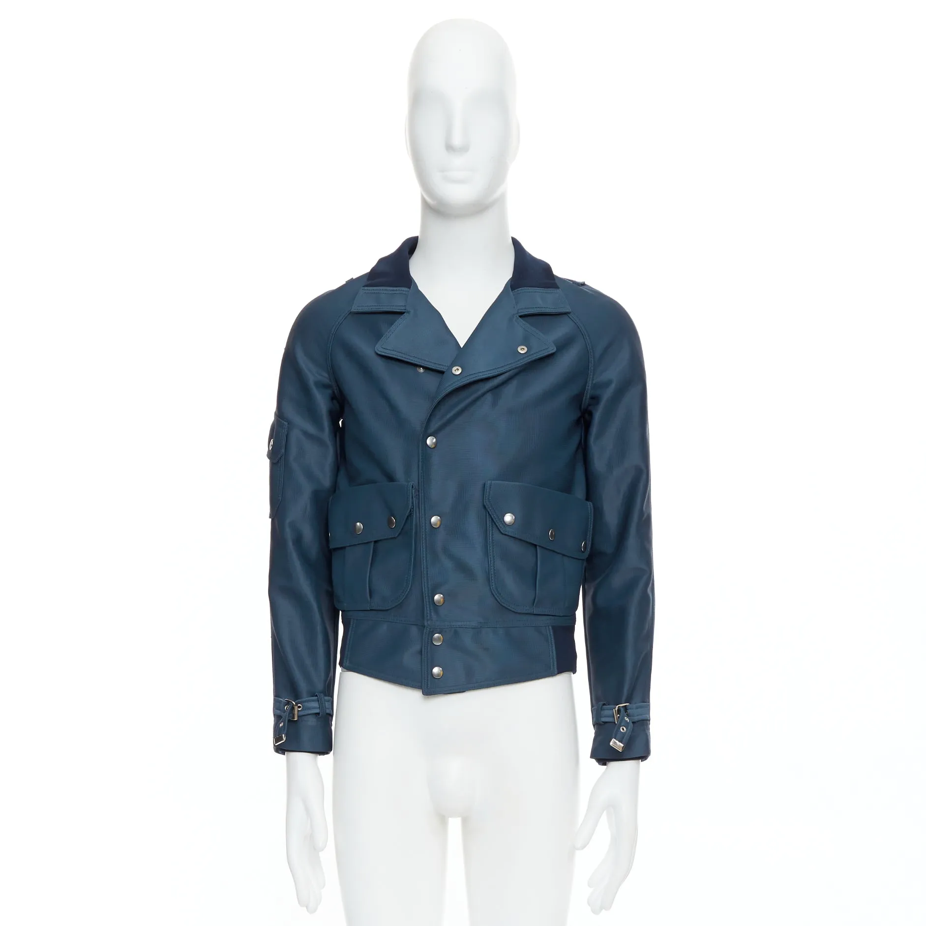 BALENCIAGA 2003 blue silver snap buttons cropped moto biker jacket FR46 S