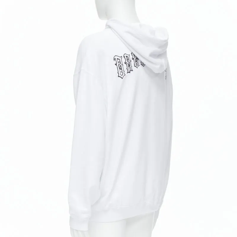 BALENCIAGA 2018 black Gothic Tattoo logo embroidery white cotton hoodie S