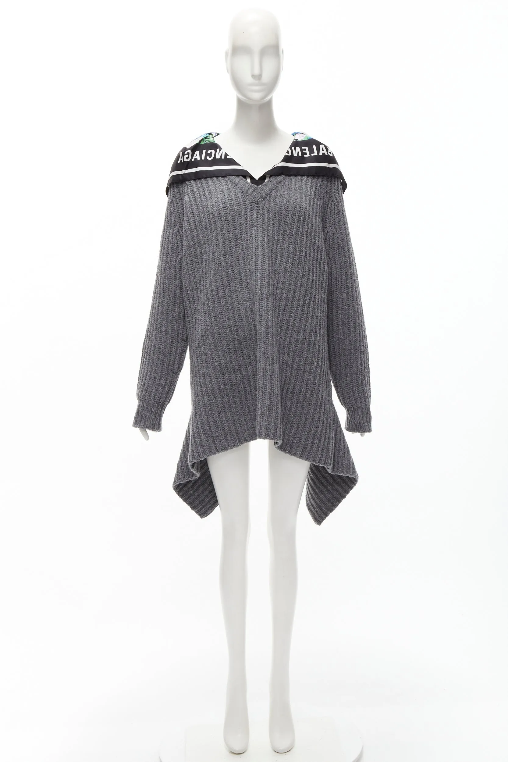 BALENCIAGA 2018 Demna grey wool silk scarf collar detached hem sweater FR34 XS