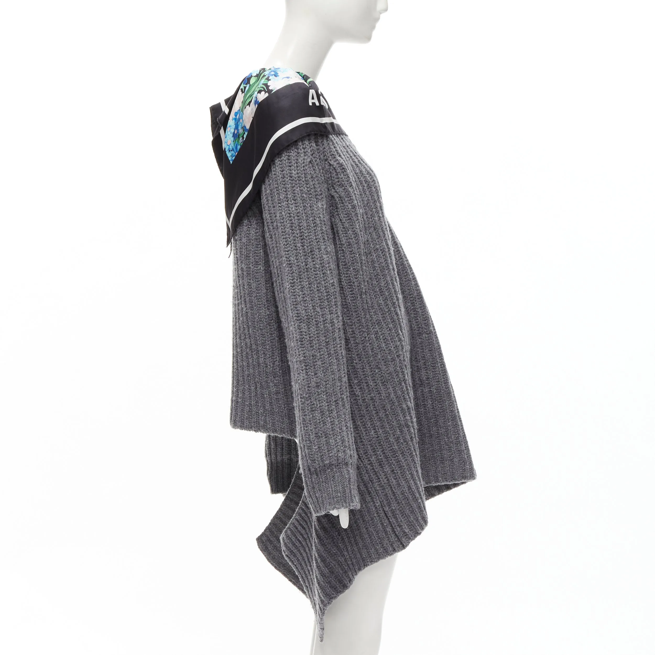 BALENCIAGA 2018 Demna grey wool silk scarf collar detached hem sweater FR34 XS