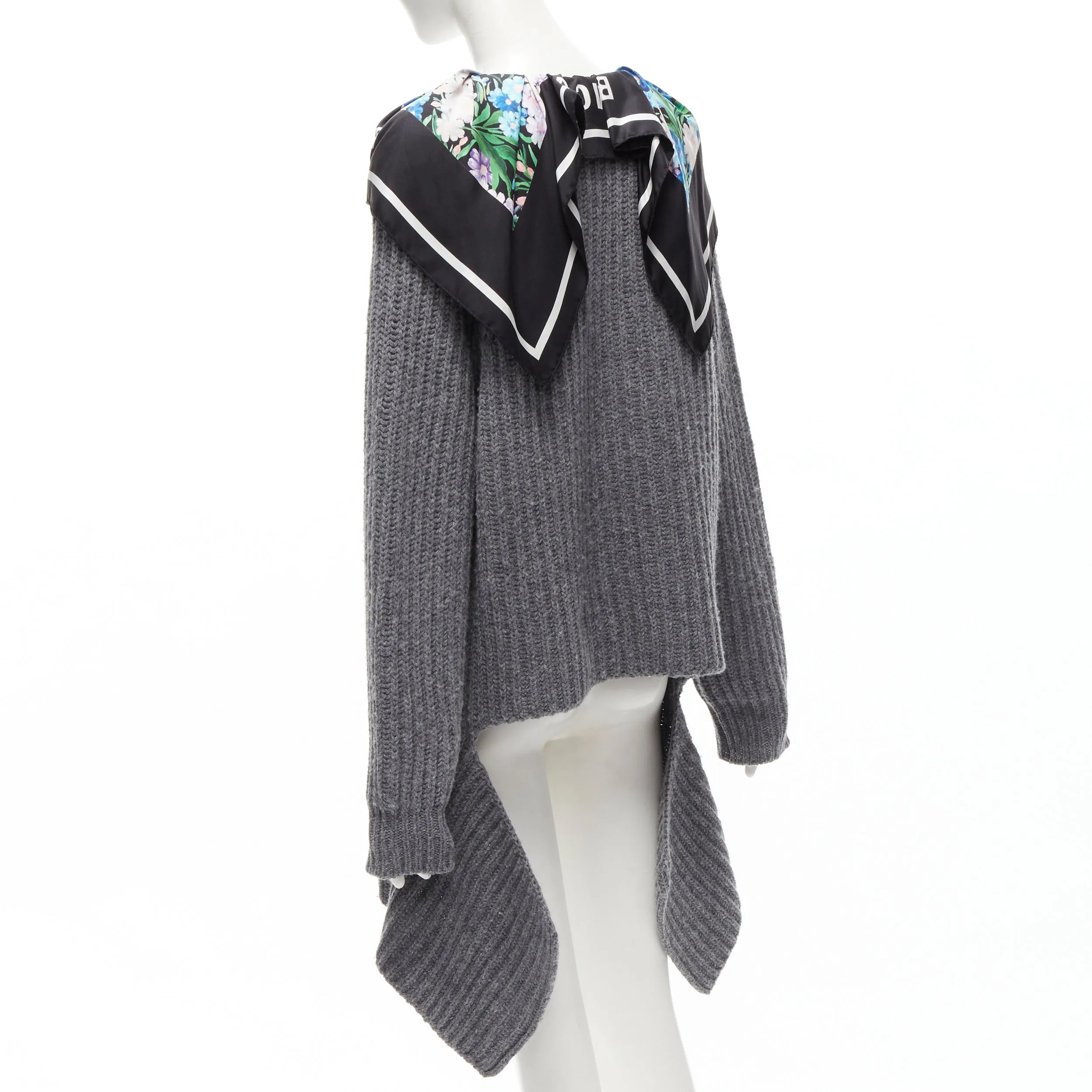 BALENCIAGA 2018 Demna grey wool silk scarf collar detached hem sweater FR34 XS
