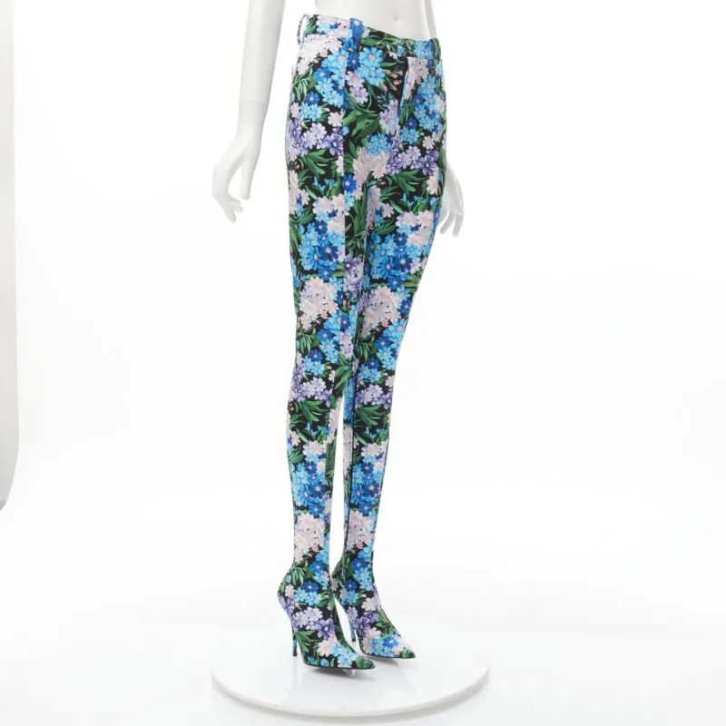 BALENCIAGA 2018 Pantashoes Knife blue floral print spandex boots IT38 EU38