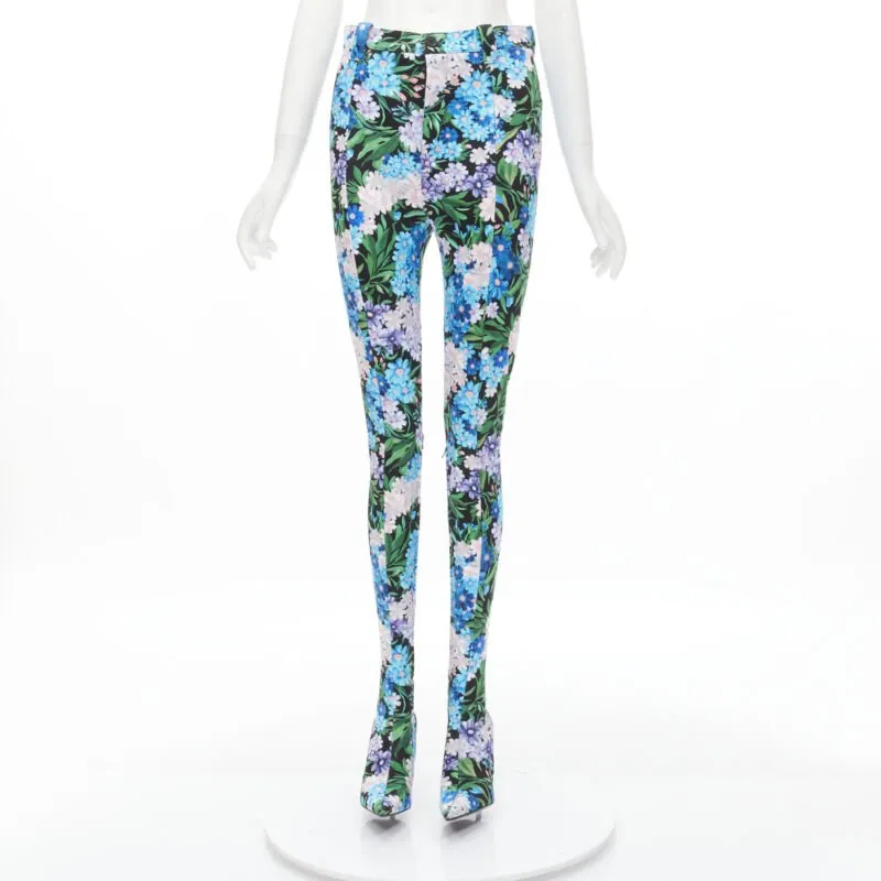 BALENCIAGA 2018 Pantashoes Knife blue floral print spandex boots IT38 EU38