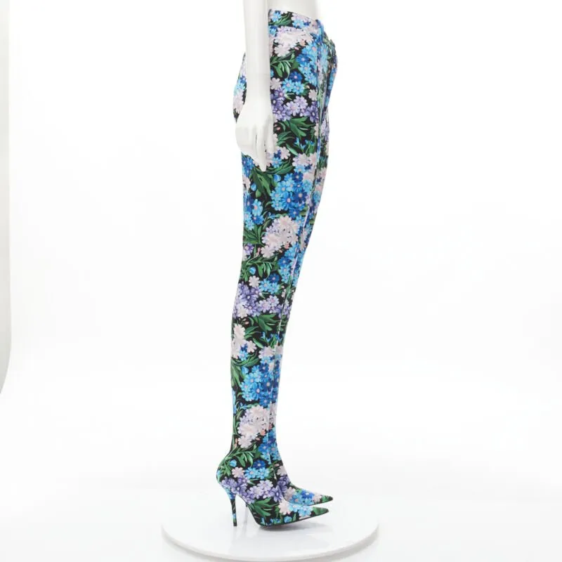 BALENCIAGA 2018 Pantashoes Knife blue floral print spandex boots IT38 EU38