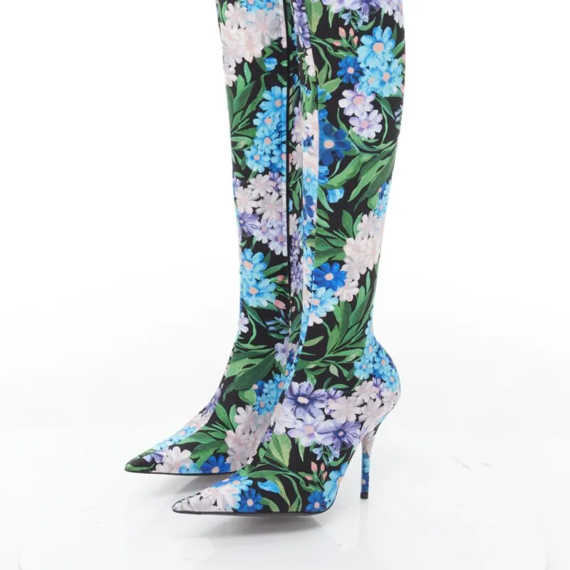 BALENCIAGA 2018 Pantashoes Knife blue floral print spandex boots IT38 EU38