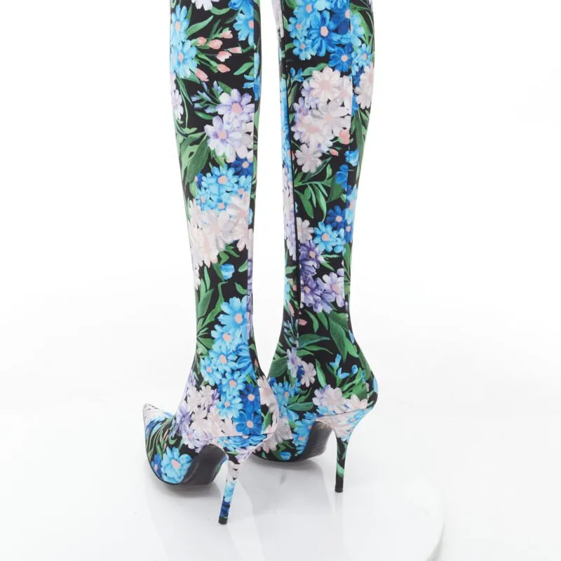BALENCIAGA 2018 Pantashoes Knife blue floral print spandex boots IT38 EU38