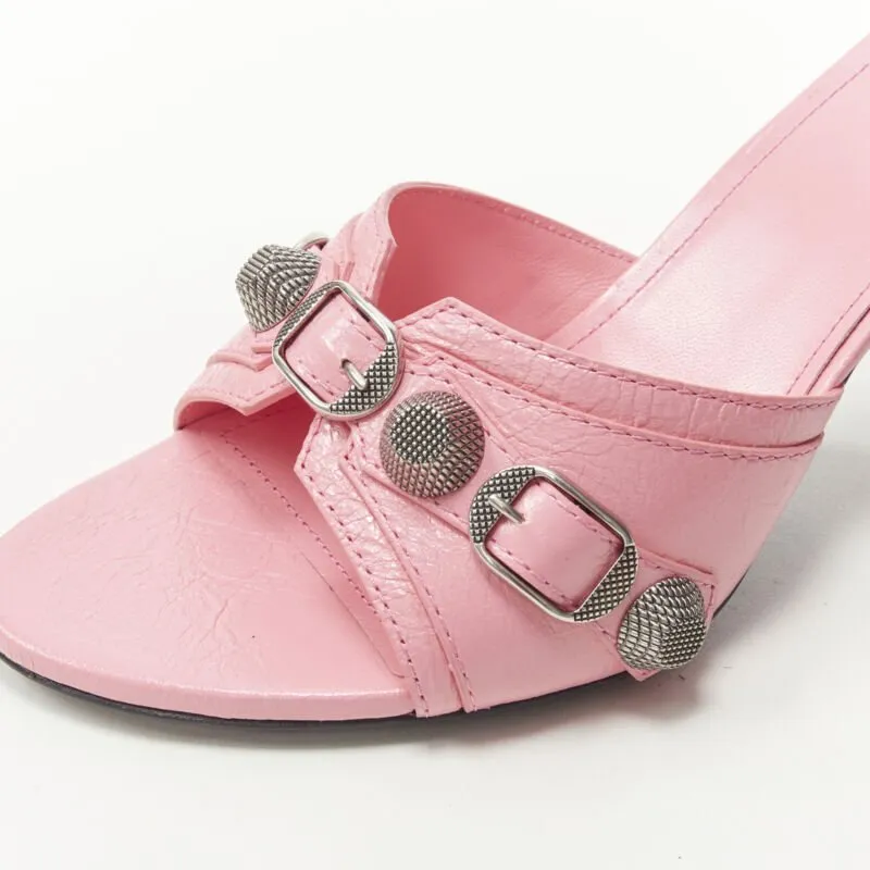 BALENCIAGA 2022 Cagole pink leather silver studded mule heel EU38 US8