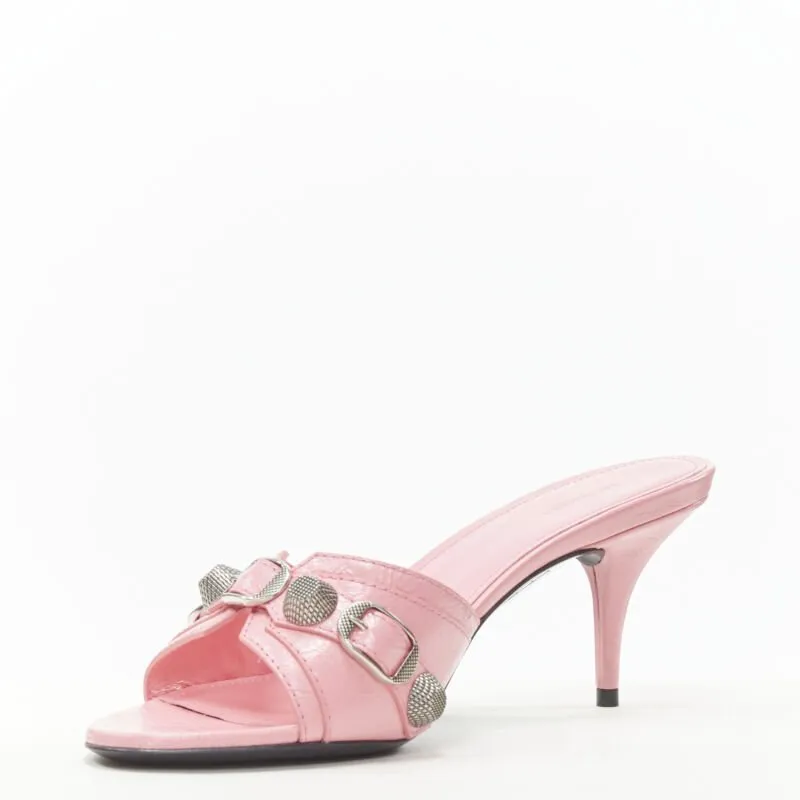 BALENCIAGA 2022 Cagole pink leather silver studded mule heel EU38 US8