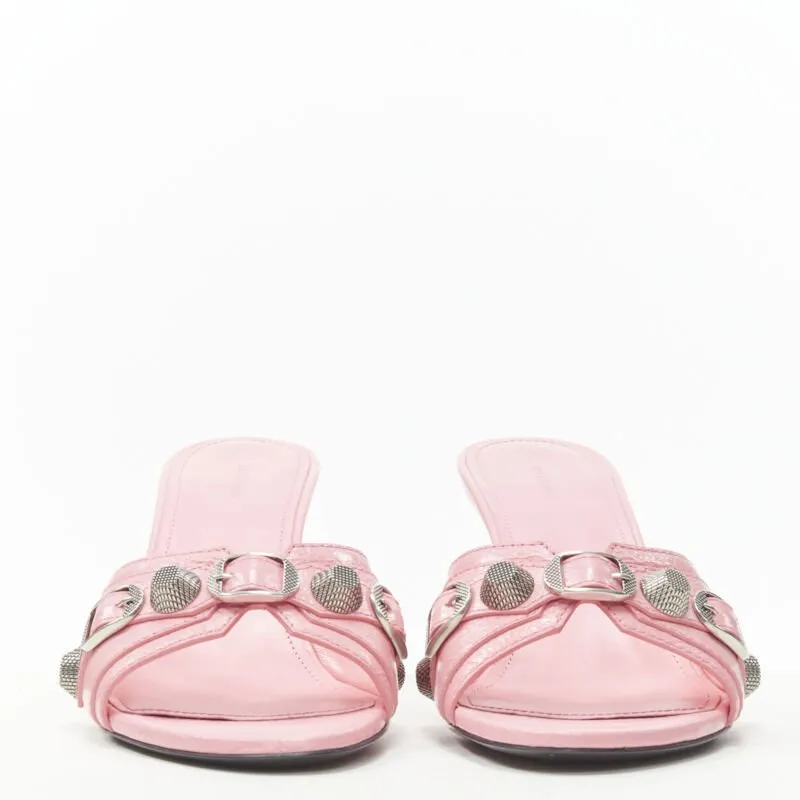 BALENCIAGA 2022 Cagole pink leather silver studded mule heel EU38 US8