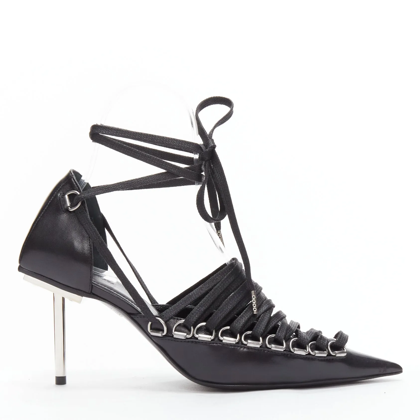 BALENCIAGA Corset black leather silver buckles laced pump EU36