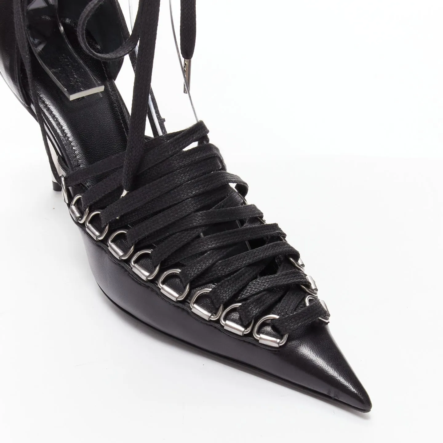 BALENCIAGA Corset black leather silver buckles laced pump EU36