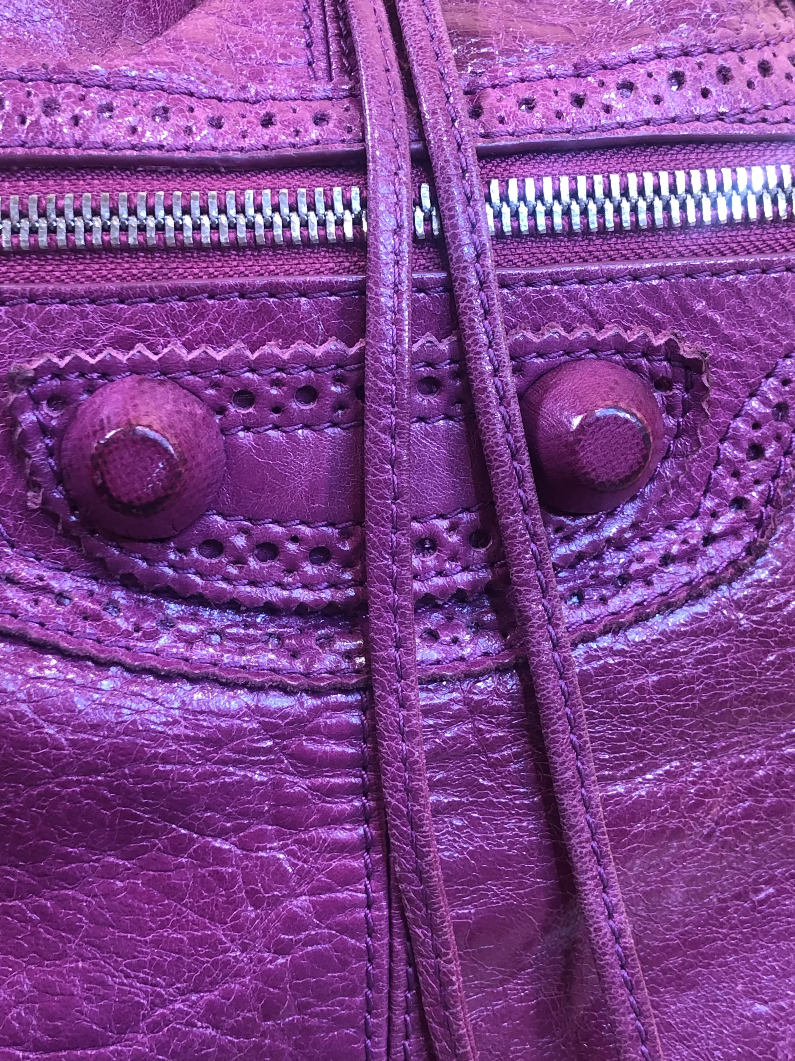 Balenciaga Fushia Distressed Effect Leather Motocross Drawstring Tote