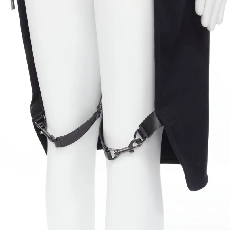 BALENCIAGA Runway black wool leather strap buckle apron dungaree