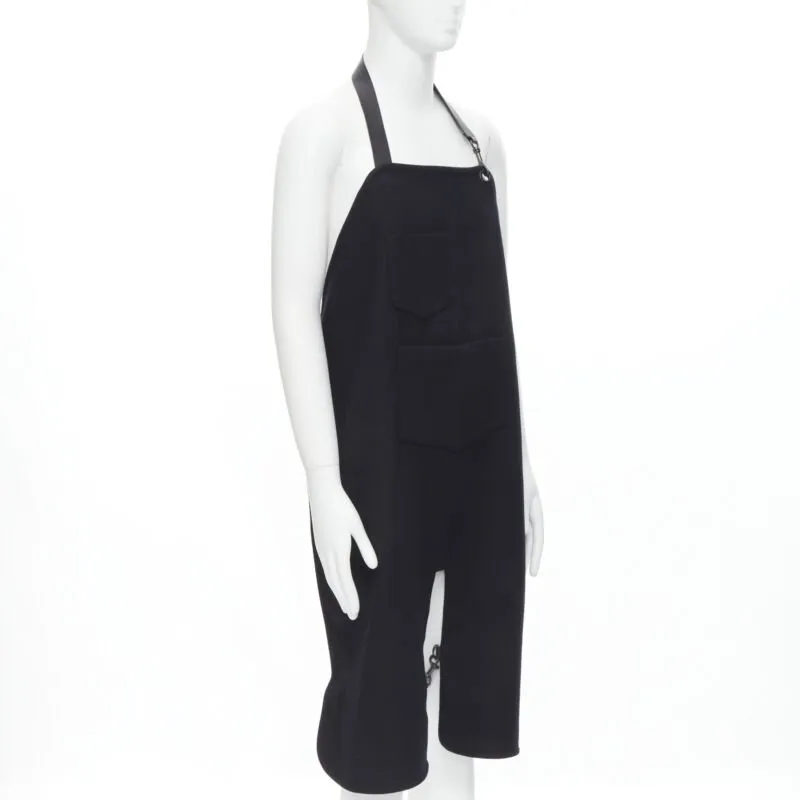 BALENCIAGA Runway black wool leather strap buckle apron dungaree