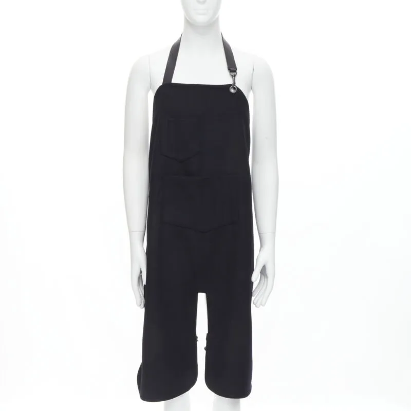 BALENCIAGA Runway black wool leather strap buckle apron dungaree