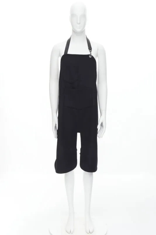 BALENCIAGA Runway black wool leather strap buckle apron dungaree