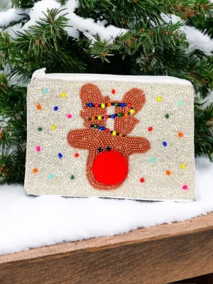 Beaded Reindeer Coin Pouch with Pom Pom Nose