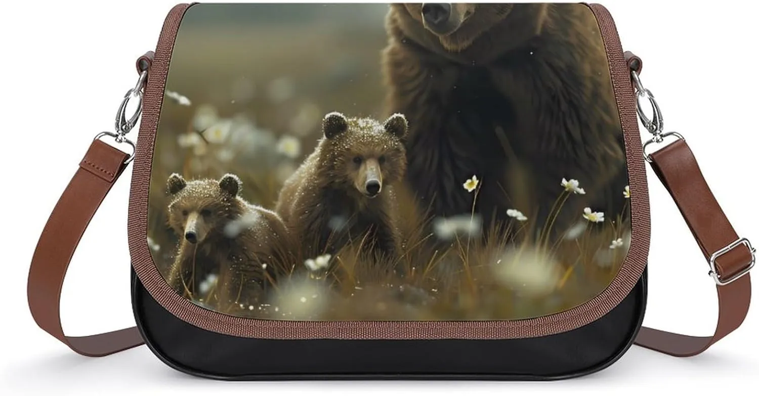 Bear Sow Near Moraine Creek Katmais National Park Messenger Bag for Women PU Leather Crossbody Bags Shoulder Handbags Purse