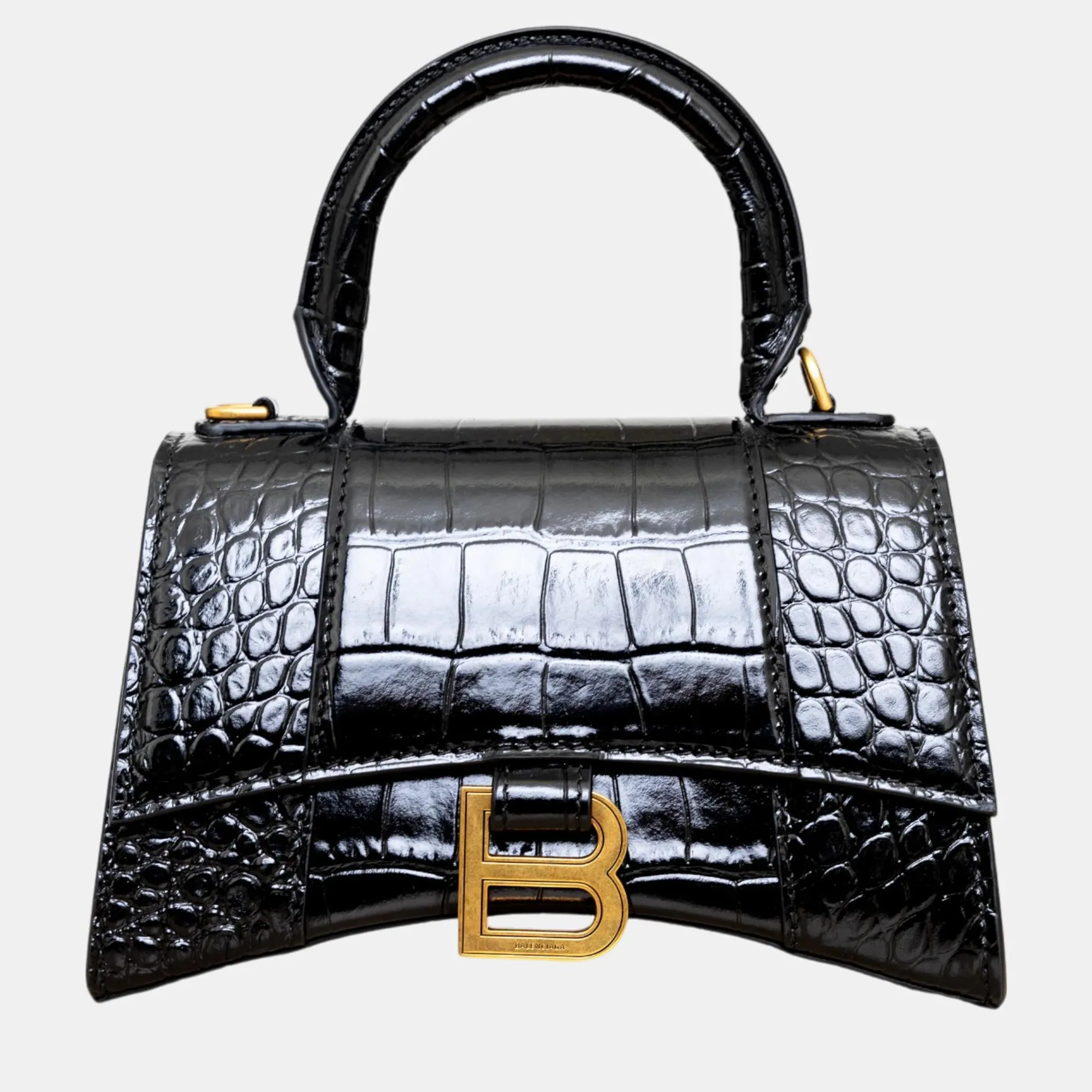 Black Croc Embossed Leather XS Hourglass Top Handle Bags