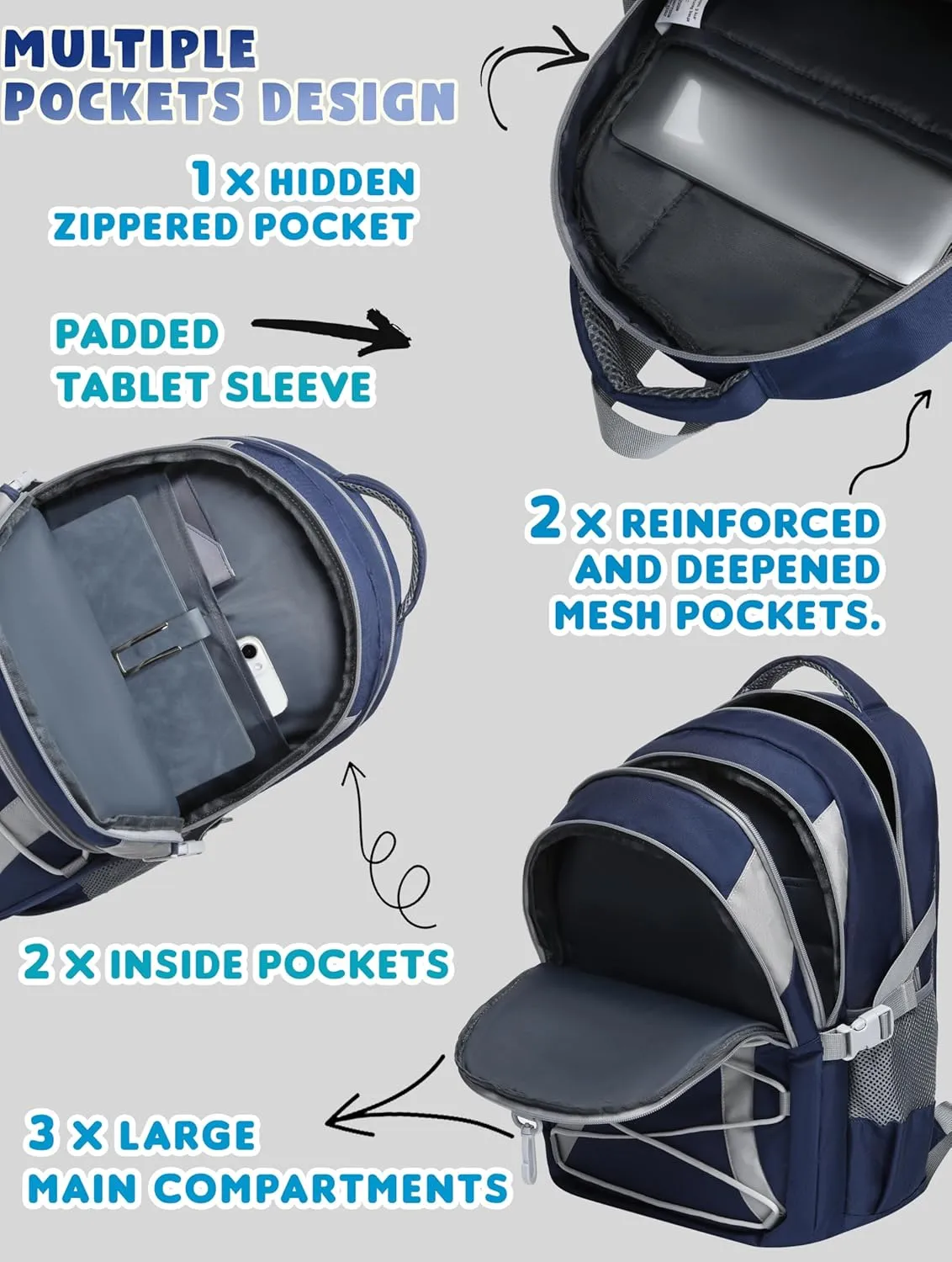 BLUEFAIRY Middle High School Backpack for Boys Girls Large Bookbag with Laptop Compartment Back to School Book Bags for Teens Teenagers Mochilas Escolares para Nios Nias (Navy Blue/Gray, Solid)