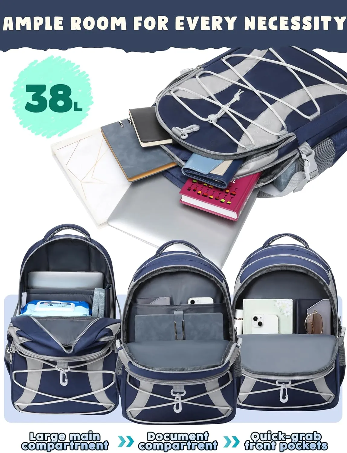BLUEFAIRY Middle High School Backpack for Boys Girls Large Bookbag with Laptop Compartment Back to School Book Bags for Teens Teenagers Mochilas Escolares para Nios Nias (Navy Blue/Gray, Solid)