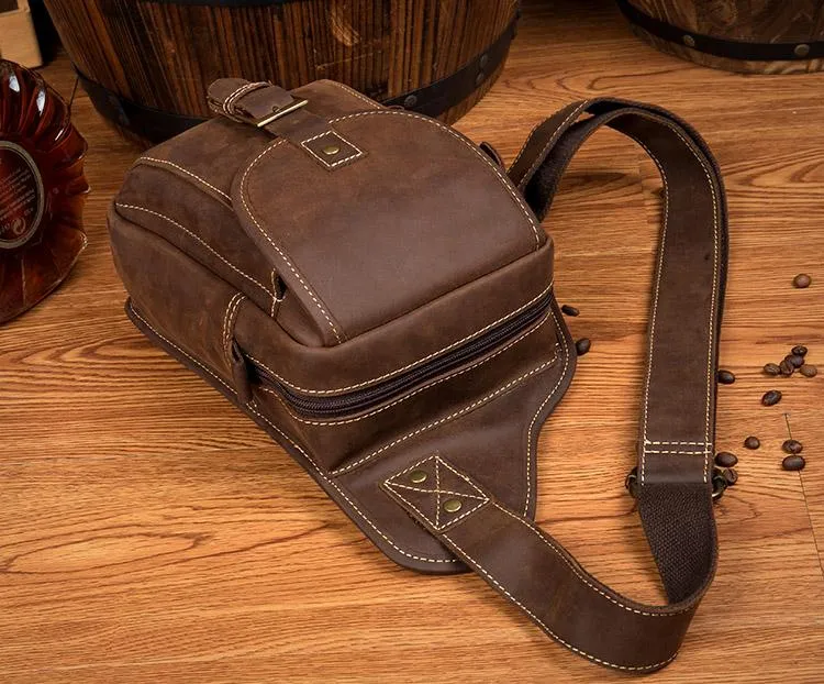 Casual Brown Leather Mens Sling Packs Sling Bag Chest Bag One Shoulder Backpack for Men