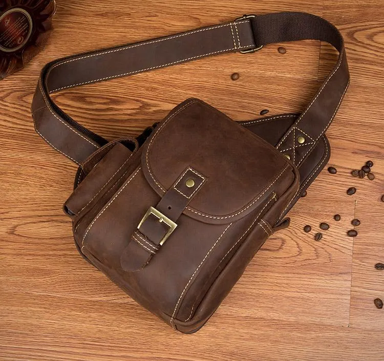 Casual Brown Leather Mens Sling Packs Sling Bag Chest Bag One Shoulder Backpack for Men