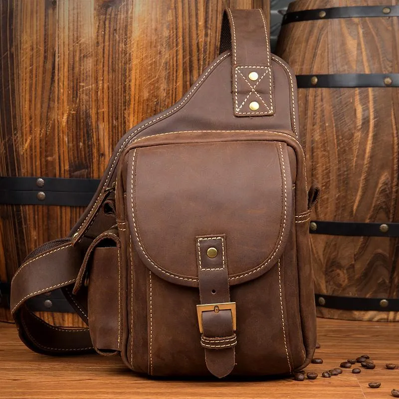 Casual Brown Leather Mens Sling Packs Sling Bag Chest Bag One Shoulder Backpack for Men