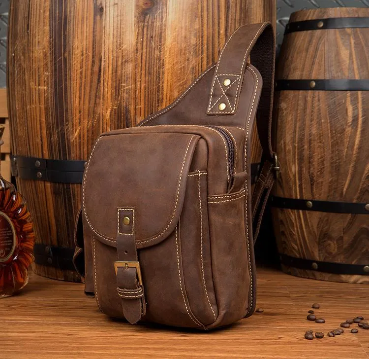 Casual Brown Leather Mens Sling Packs Sling Bag Chest Bag One Shoulder Backpack for Men