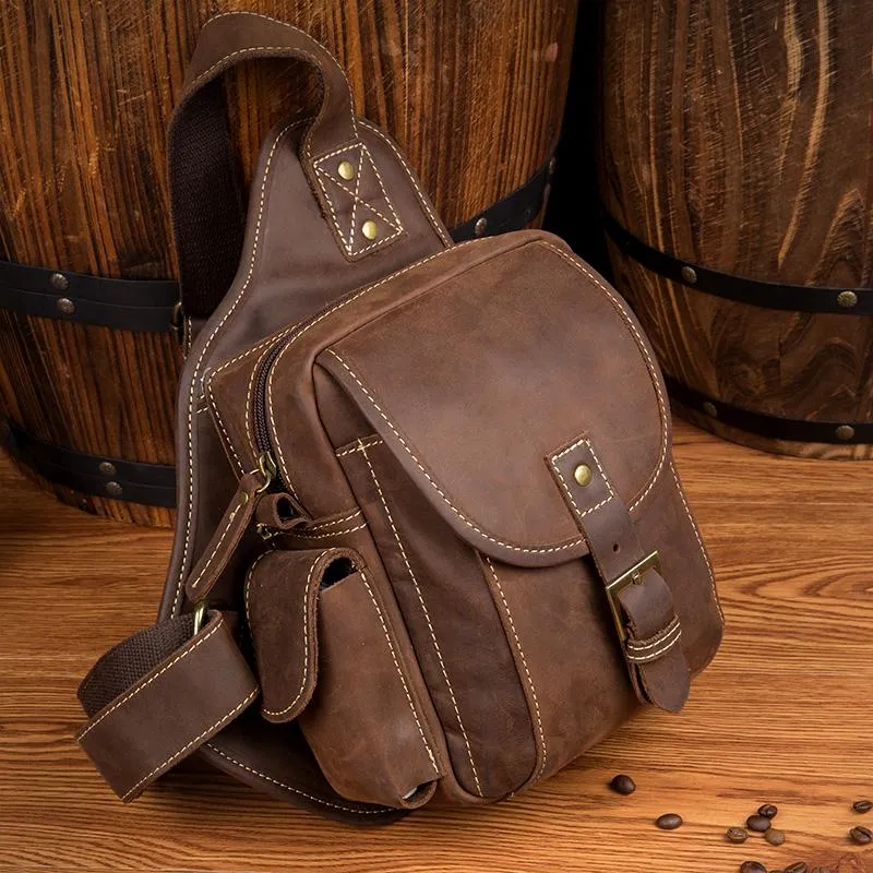 Casual Brown Leather Mens Sling Packs Sling Bag Chest Bag One Shoulder Backpack for Men