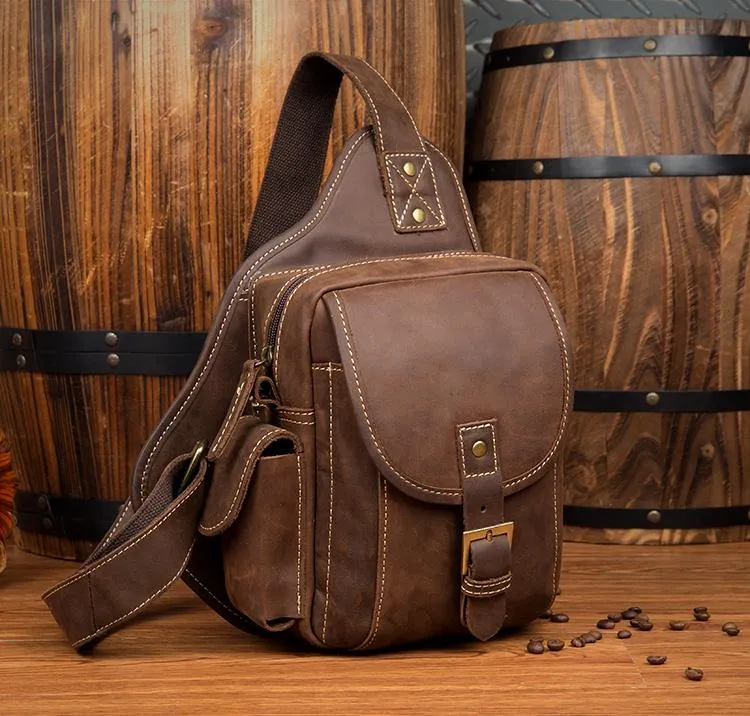 Casual Brown Leather Mens Sling Packs Sling Bag Chest Bag One Shoulder Backpack for Men